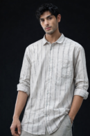 Light Cream Vertical Stripe Cotton Casual Shirt