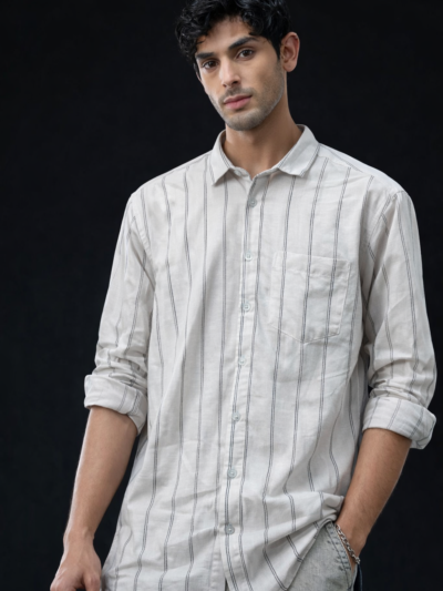 Light Cream Vertical Stripe Cotton Casual Shirt