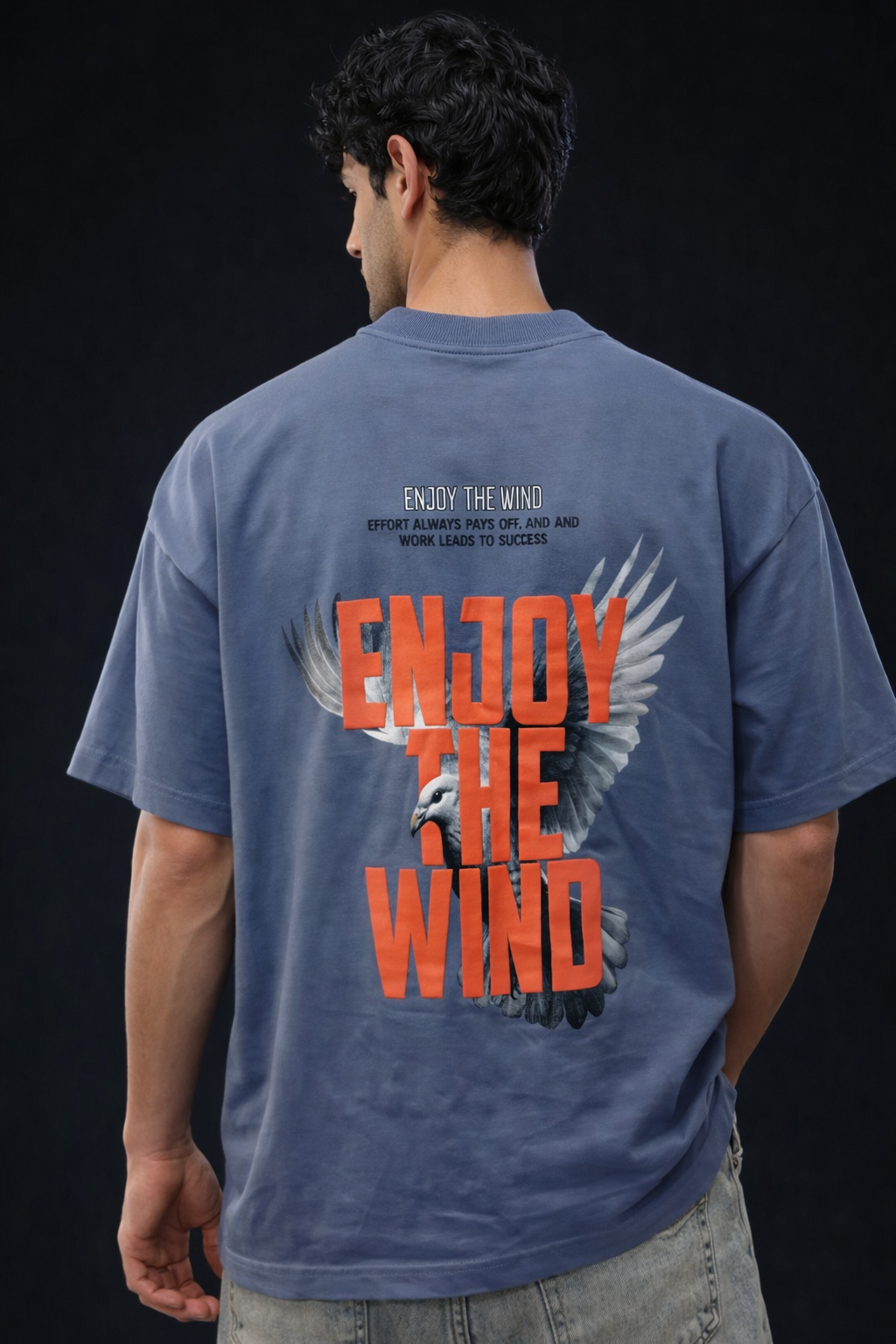 Steel Blue Oversized Printed Cotton T-Shirt - Image 2