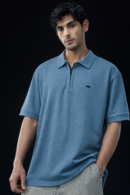 Blue Textured Zip Polo T-Shirt