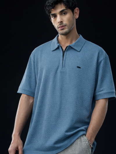 Blue Textured Zip Polo T-Shirt