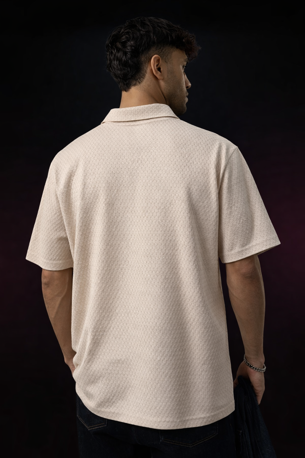 Cream Mesh Textured Zip T-Shirt - Image 2