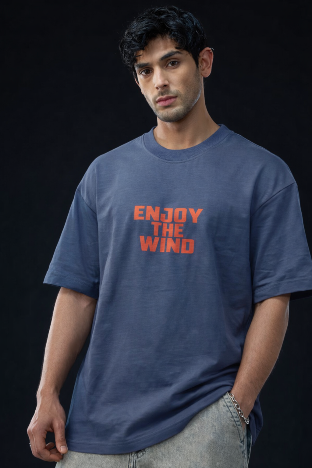 Steel Blue Oversized Printed Cotton T-Shirt