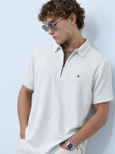 White Casual Zip Neck Polo T-Shirt
