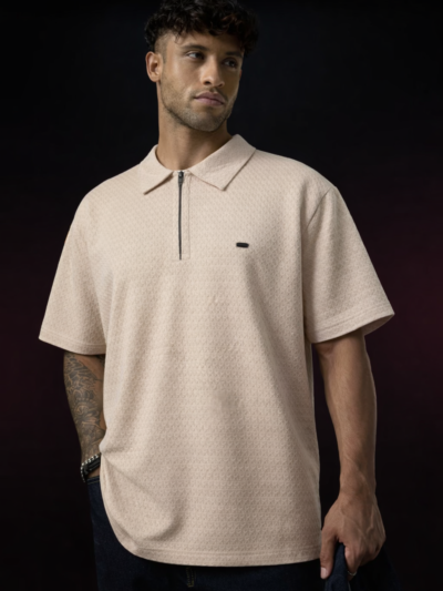 Cream Mesh Textured Zip T-Shirt