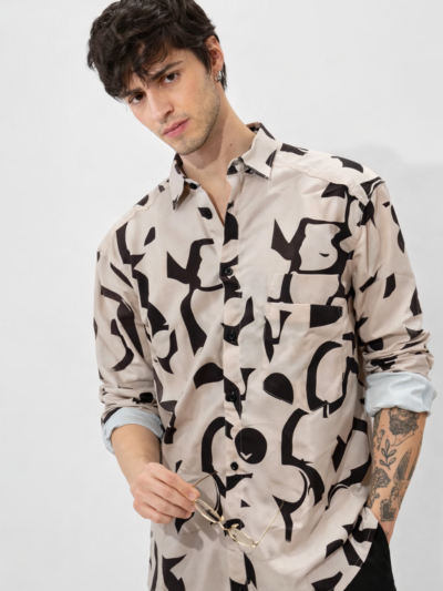 Men’s Beige Abstract Print Casual Shirt